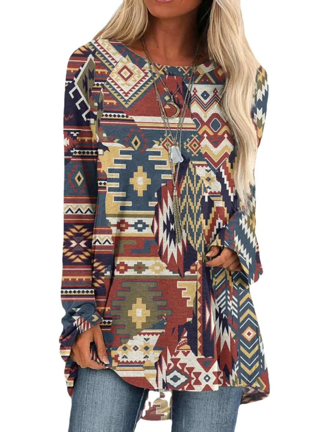 2022 Foreign Trade Cross-border Women's Fashion Loose Round Neck Digital Printing Western Style Long Sleeve Top 6926 - Image 5