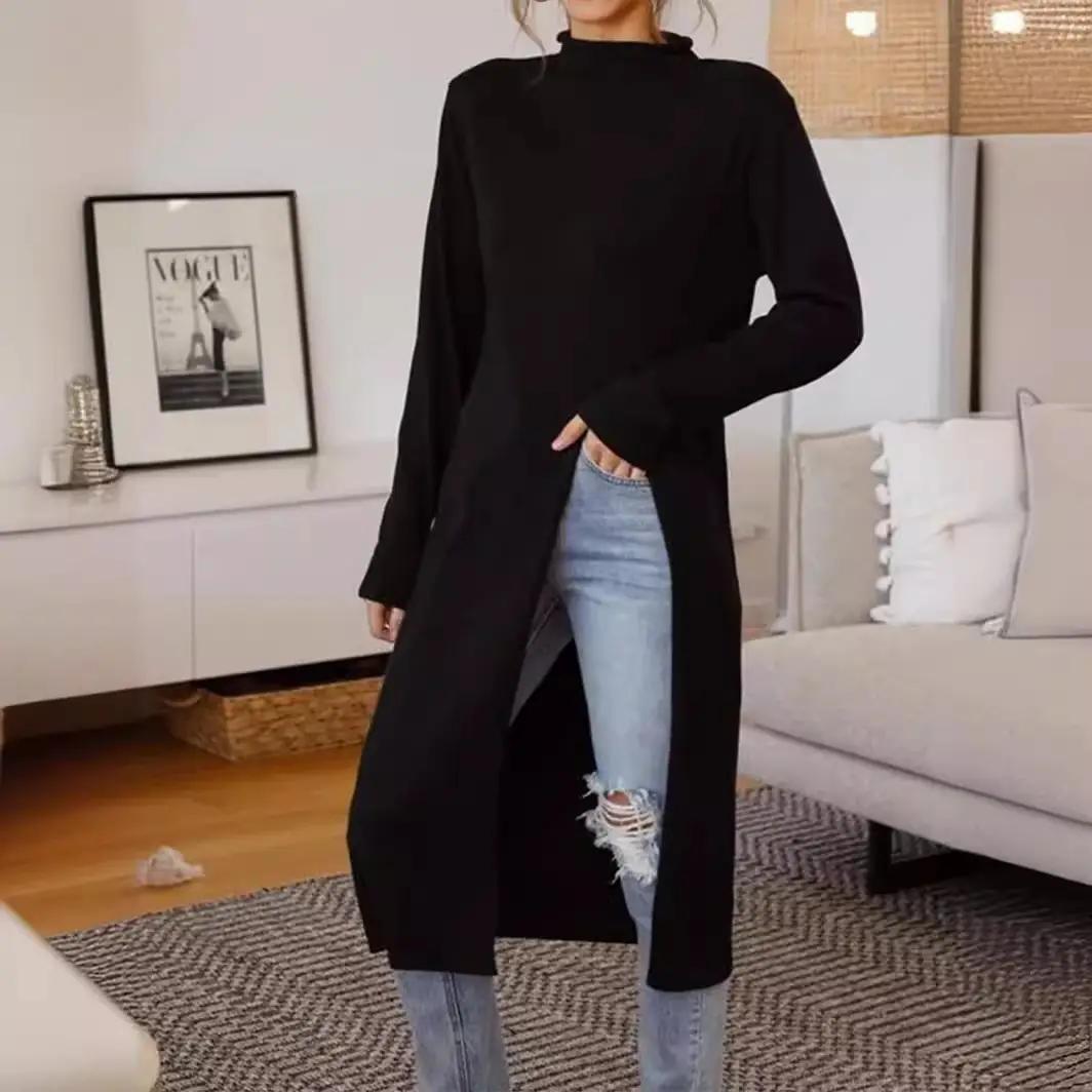 2024 Long Sleeve Long Coat Slit Dress Black