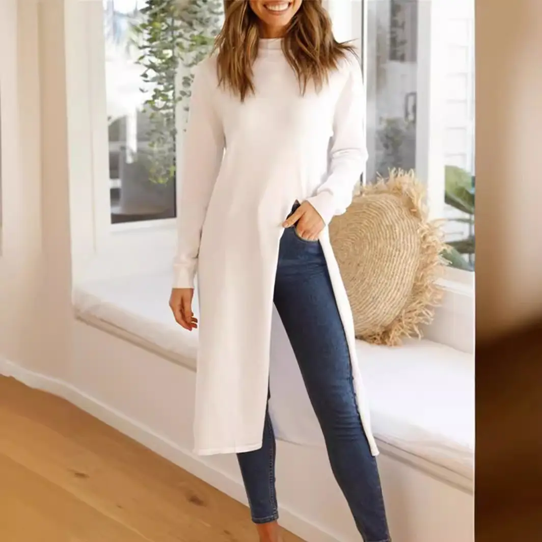 2024 Long Sleeve Long Coat Slit Dress Black