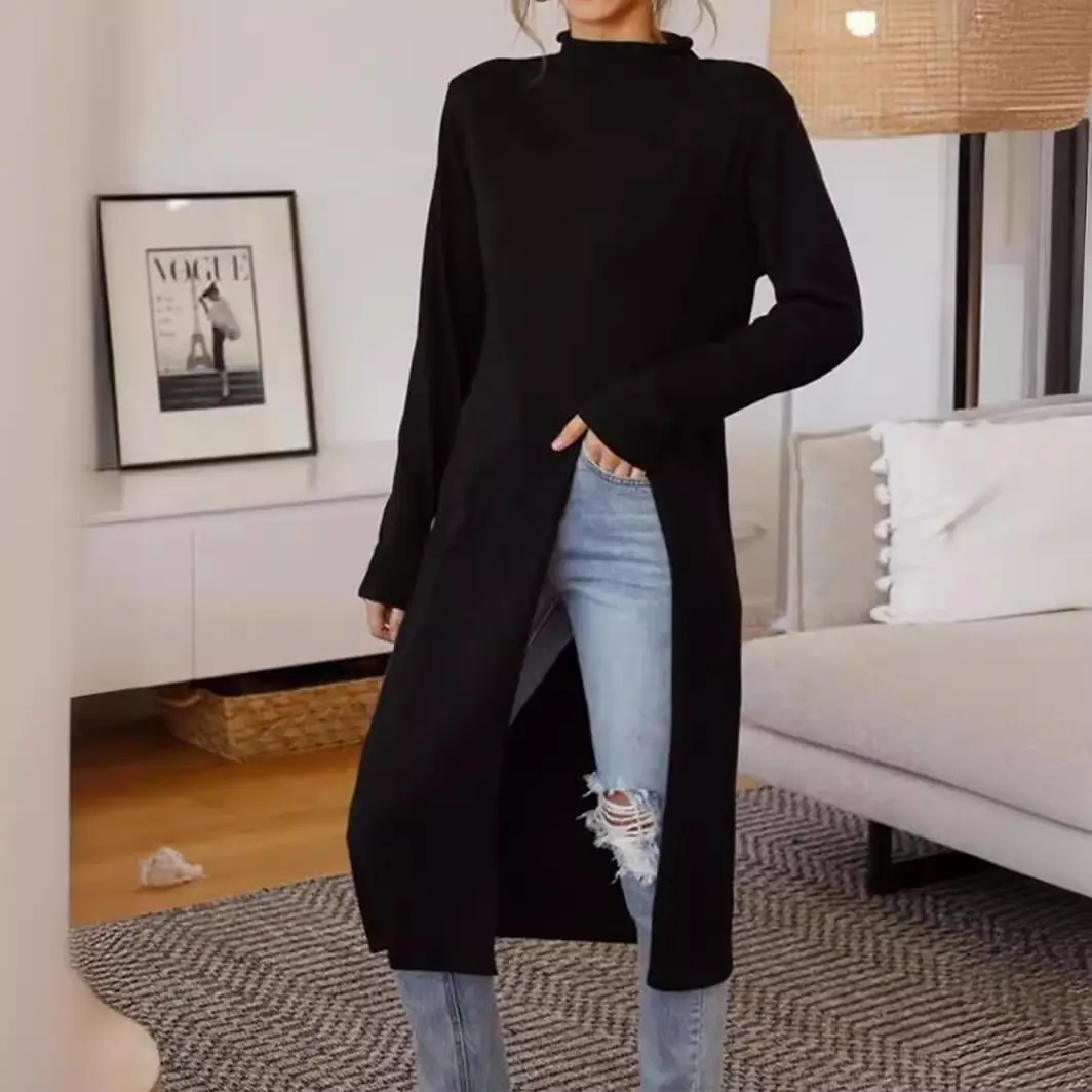 2024 Long Sleeve Long Coat Slit Dress Black