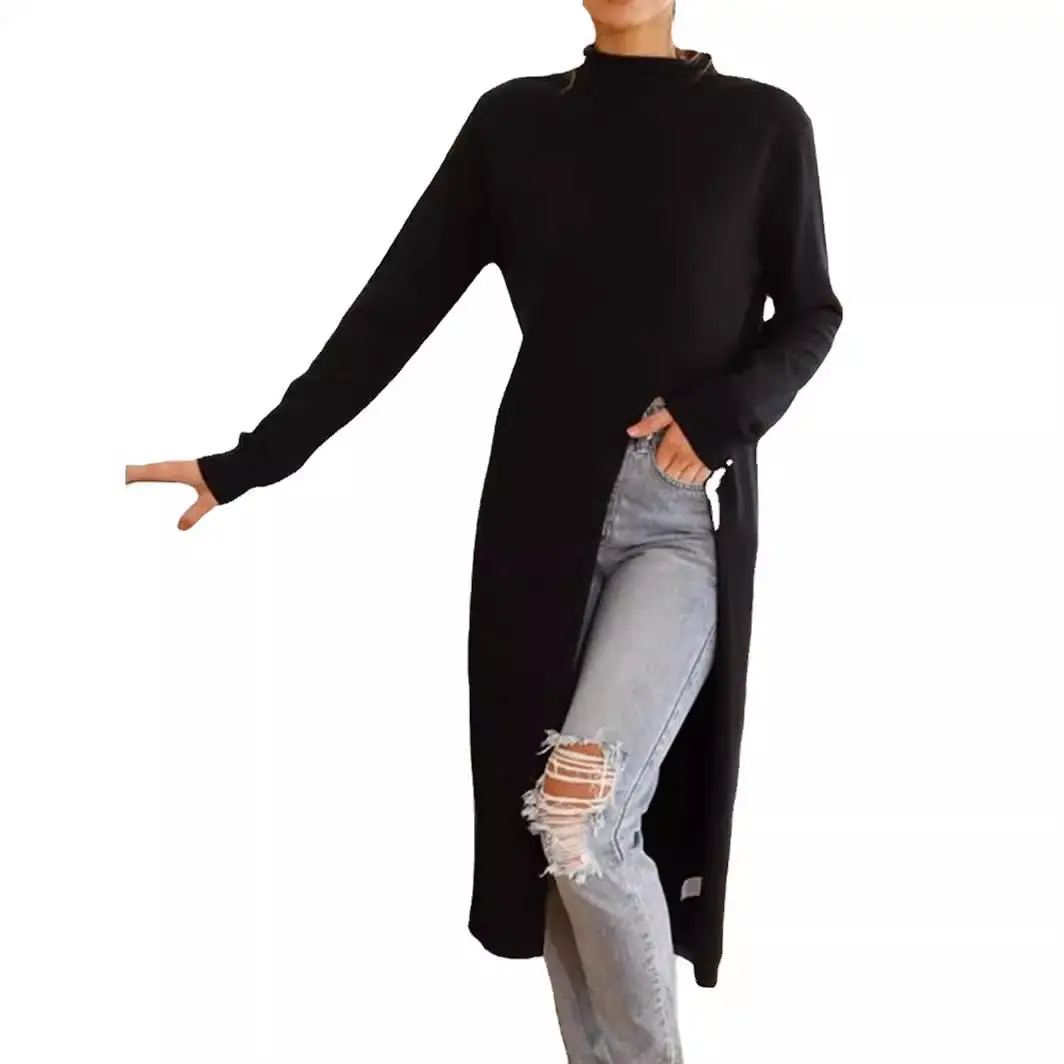 2024 Long Sleeve Long Coat Slit Dress Black