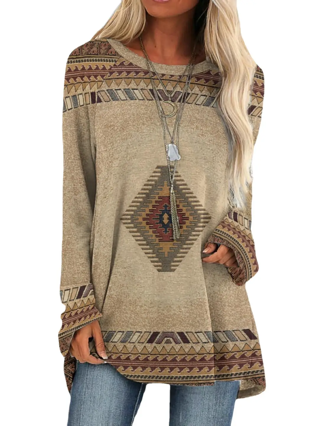 2022 Foreign Trade Cross-border Women's Fashion Loose Round Neck Digital Printing Western Style Long Sleeve Top 6931