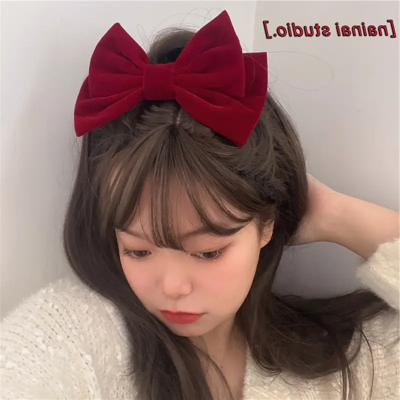 Red Velvet Hairpin with Wide Bow for Women - Image 3