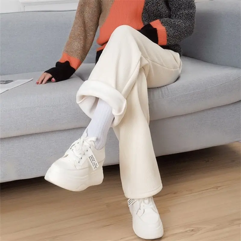 Women's Winter Fleece Lined Wide-leg Pants White - Image 3