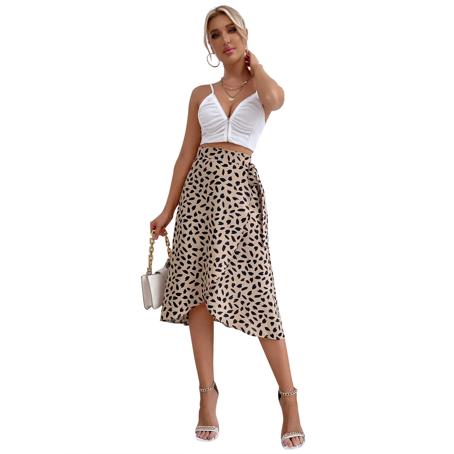 Women Leopard Print Slit Skirt Top Set - Image 7