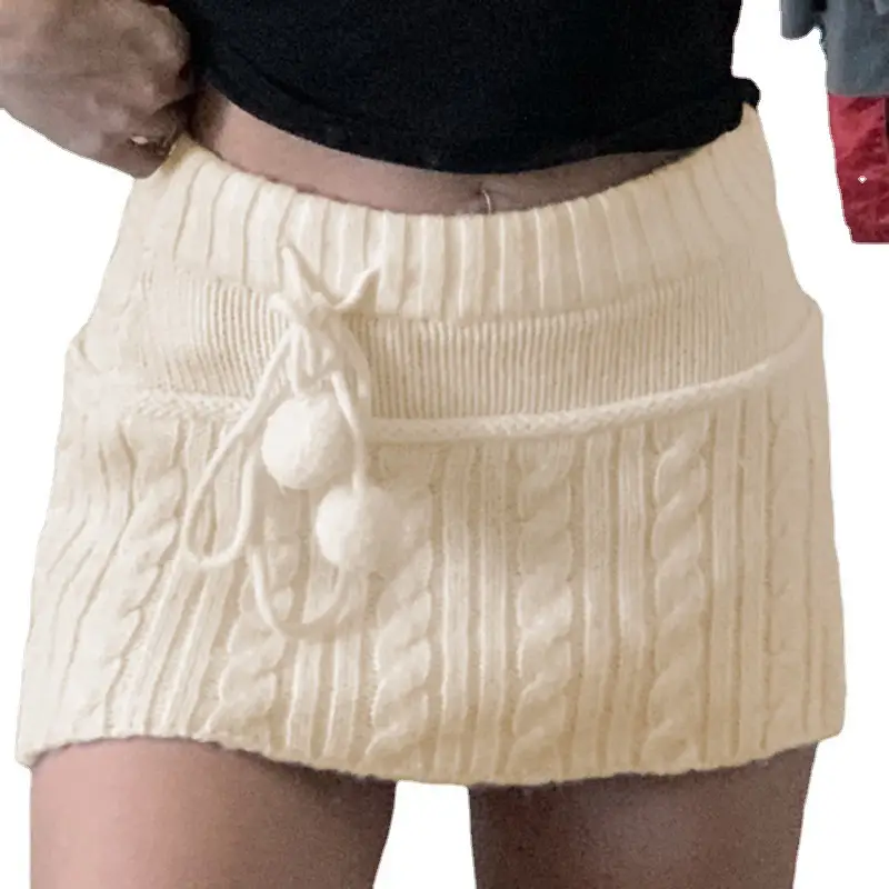 Women Wool Embroidered Skirt Cream Pull Up Drawstring