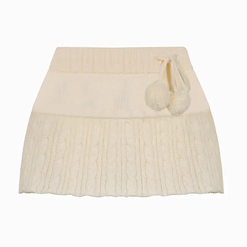Women Wool Embroidered Skirt Cream Pull Up Drawstring