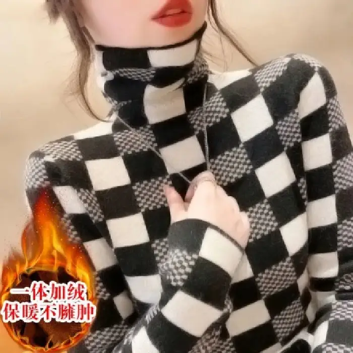 Women Plaid Turtleneck Sweater 2021 Winter Warm Innerwear - Image 3