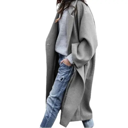 Women's Woolen Outfit Grey Long Coat Casual Warm Winter Wear - Image 9