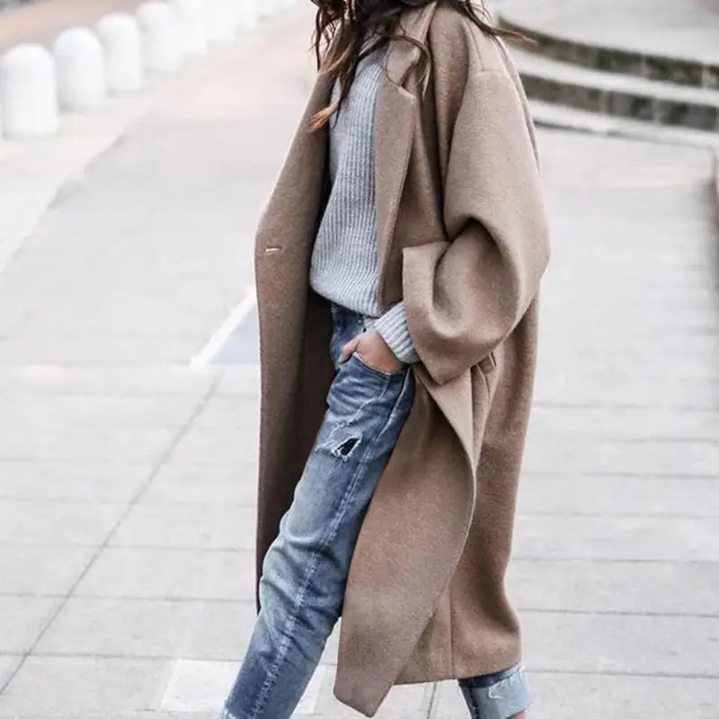 Women's Woolen Outfit Grey Long Coat Casual Warm Winter Wear — feature 4