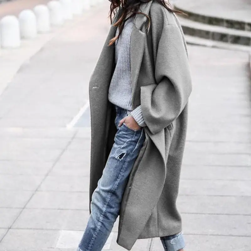 Women's Woolen Outfit Grey Long Coat Casual Warm Winter Wear - Image 3