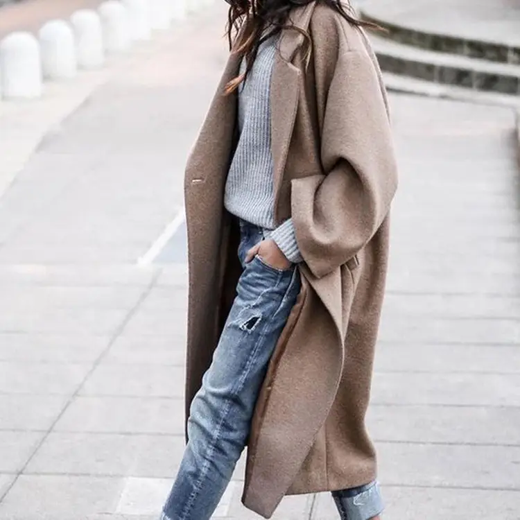 Women's Woolen Outfit Grey Long Coat Casual Warm Winter Wear - Image 4