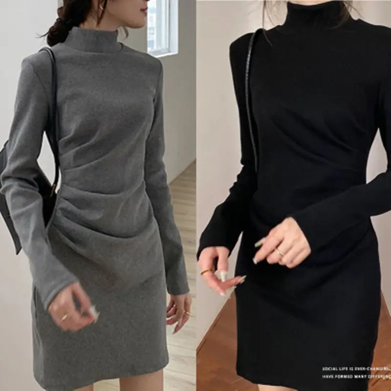 French 2024 Black Pleated Slim Fitting Bottom Dress - Image 4