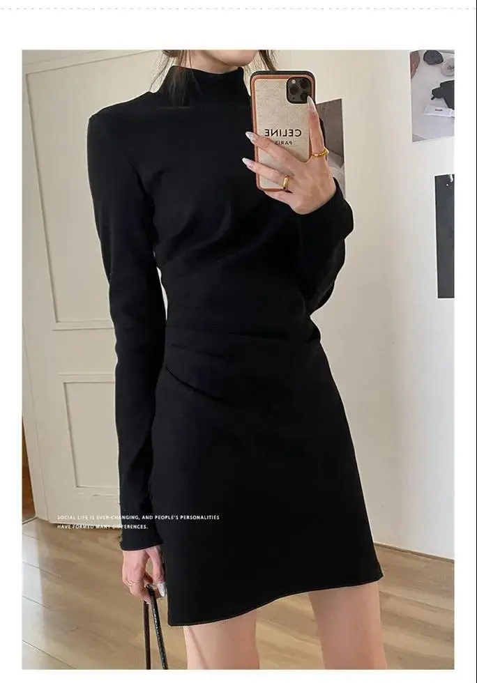 French 2024 Black Pleated Slim Fitting Bottom Dress — feature 8