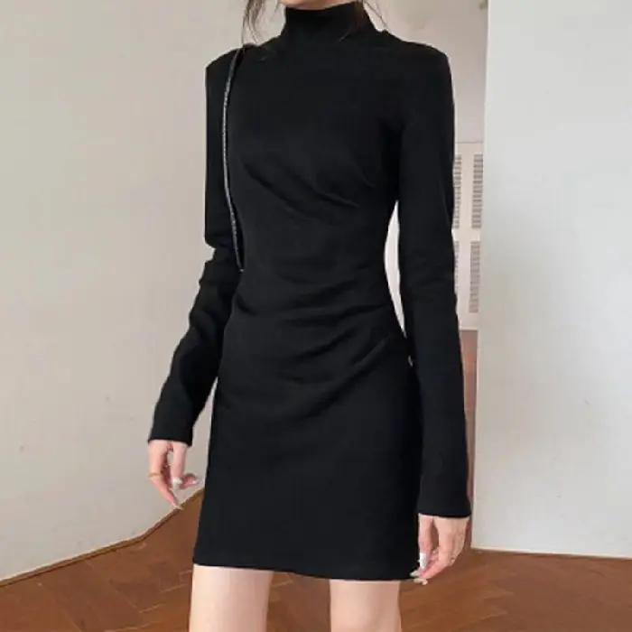 French 2024 Black Pleated Slim Fitting Bottom Dress - Image 2