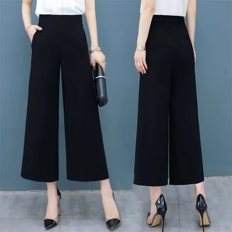 Women Black Chiffon Wide Leg Pants High Waist Cropped