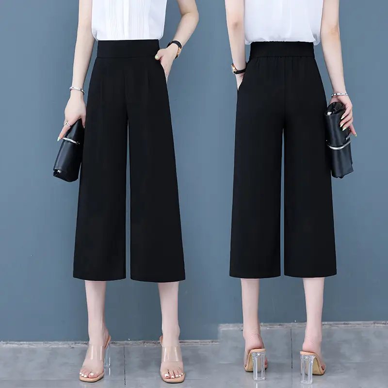 Women Black Chiffon Wide Leg Pants High Waist Cropped