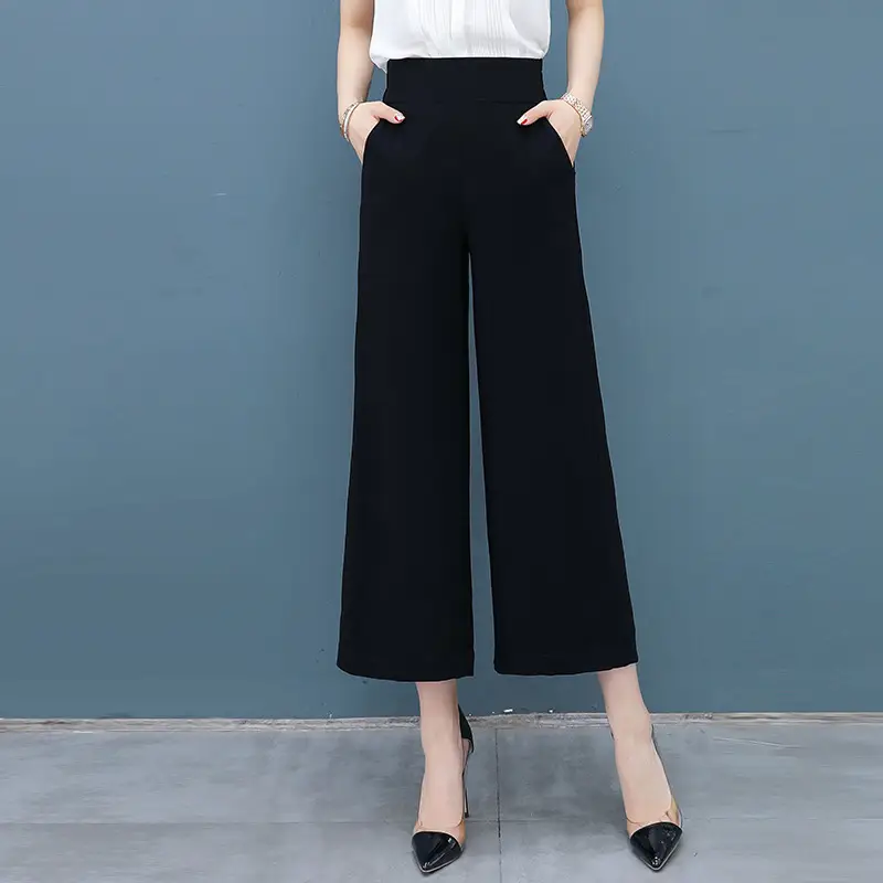 Women Black Chiffon Wide Leg Pants High Waist Cropped