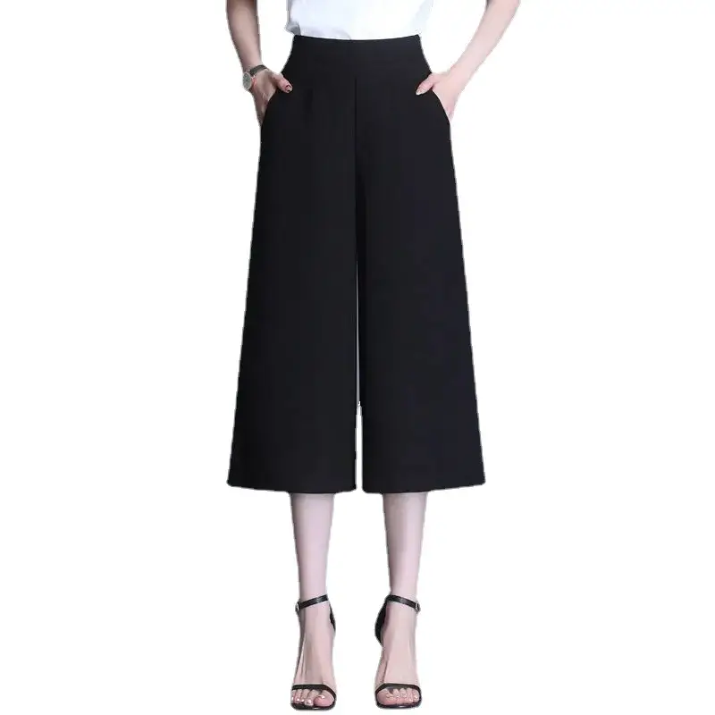 Women Black Chiffon Wide Leg Pants High Waist Cropped