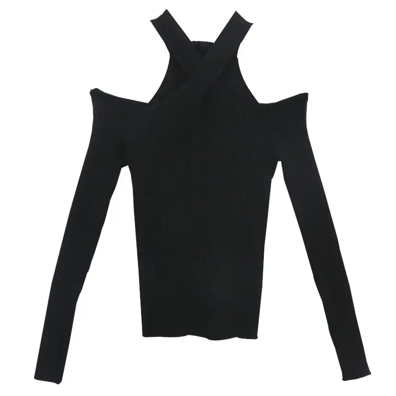 Women Knit One-Line Collar Off-Shoulder Top with Long Sleeves