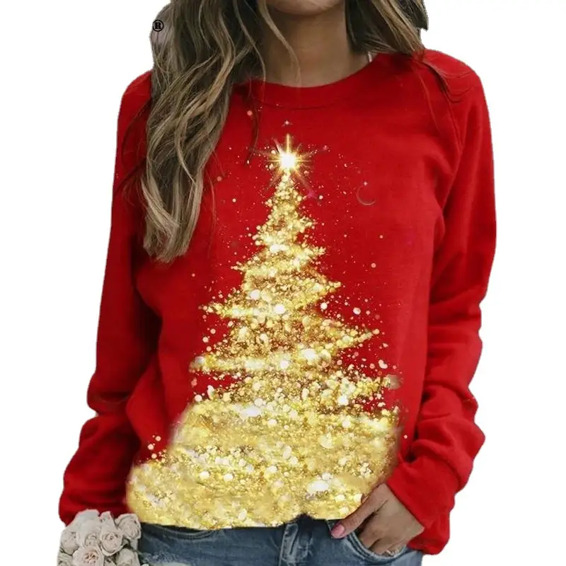 2024 Christmas Printed Crewneck Pullover Women Red