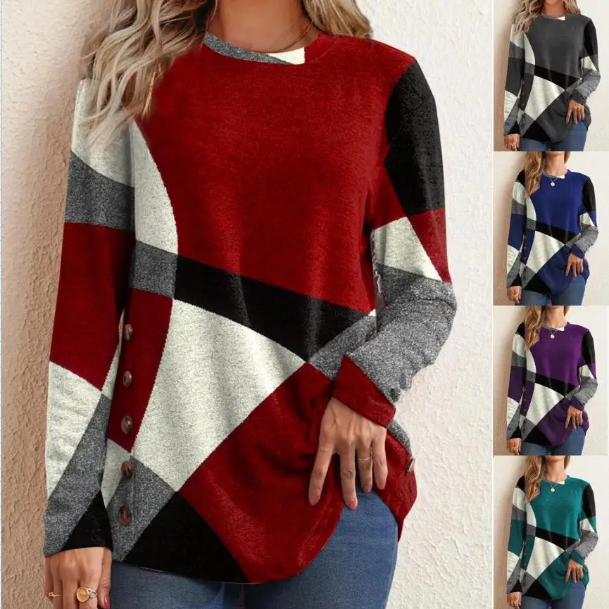 Women Button Geometric Contrast T-Shirt Spring 2025 - Image 21