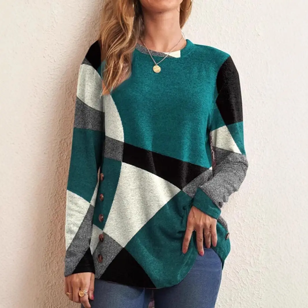 Women Button Geometric Contrast T-Shirt Spring 2025 - Image 23