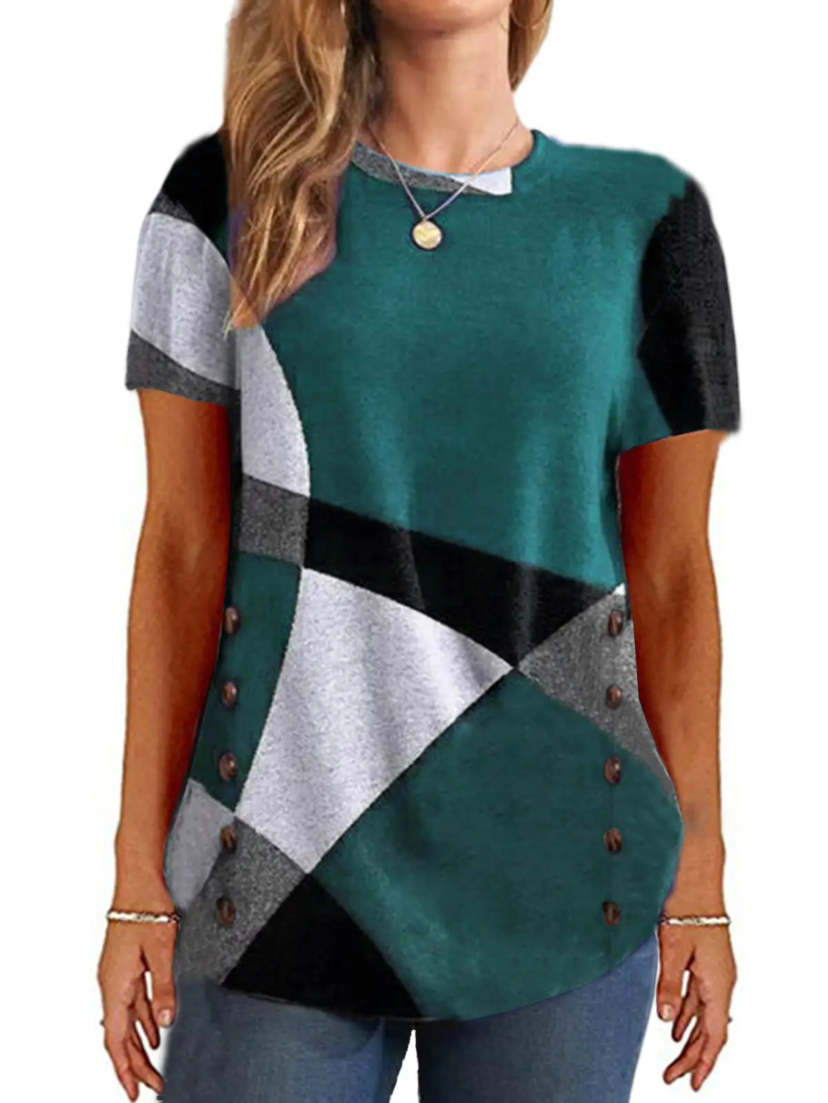 Women Button Geometric Contrast T-Shirt Spring 2025 - Image 11