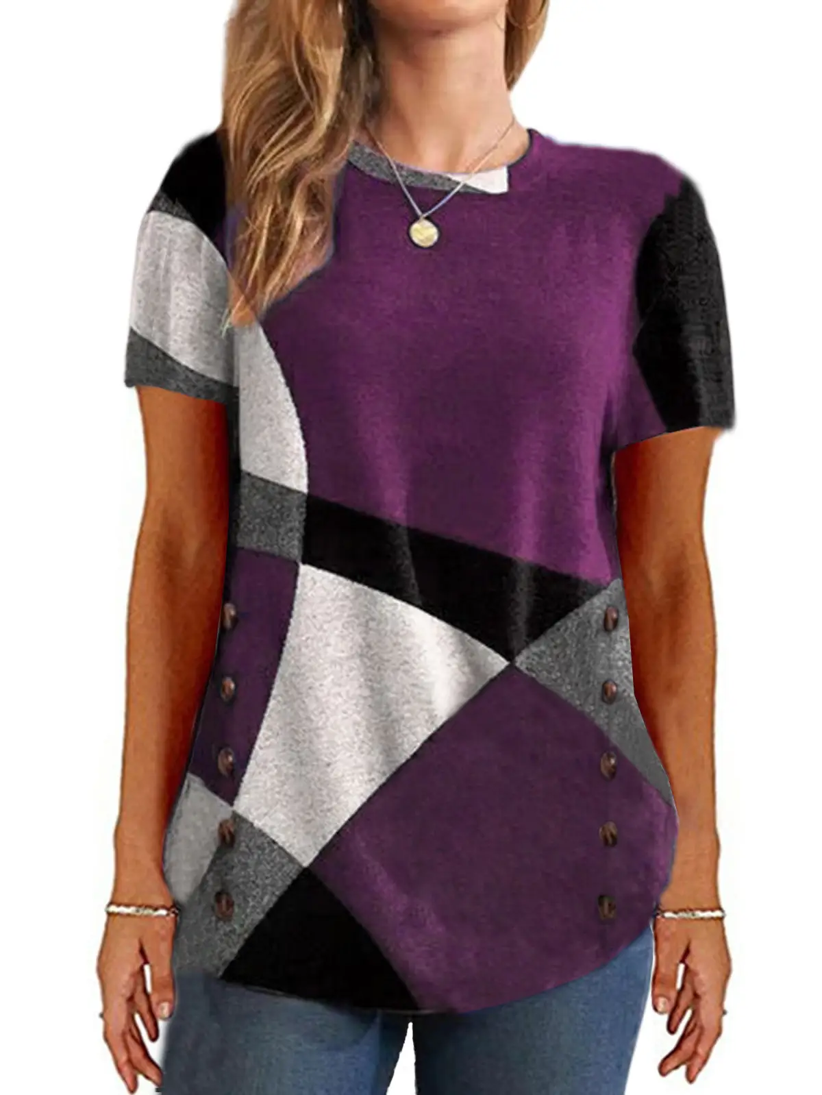 Women Button Geometric Contrast T-Shirt Spring 2025 - Image 13