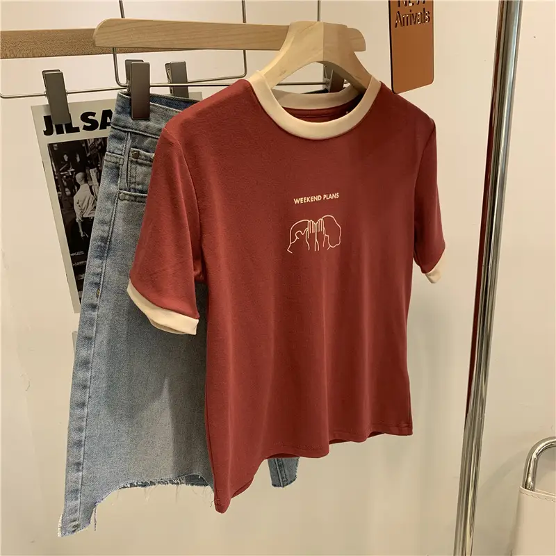 Women Crossbody T-Shirt Red Half Sleeve Korean Style - Image 9