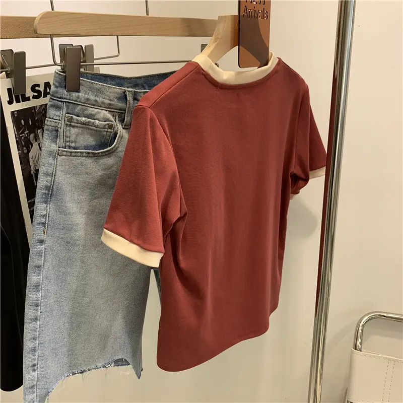 Women Crossbody T-Shirt Red Half Sleeve Korean Style - Image 10