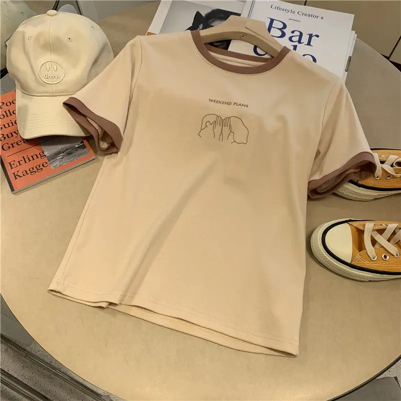 Women Crossbody T-Shirt Red Half Sleeve Korean Style - Image 5