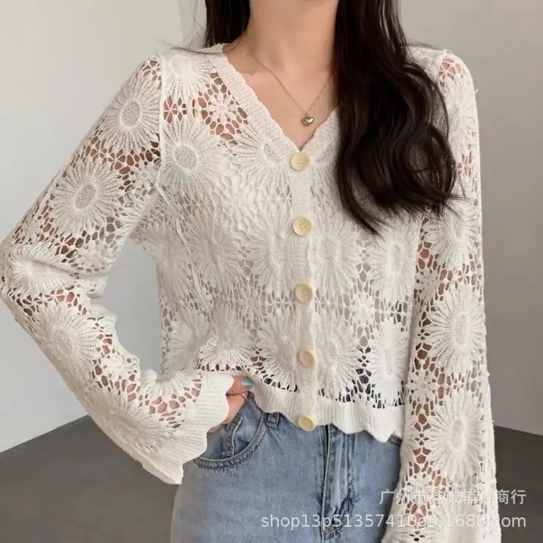 White Lace Long Sleeve Sweater with Denim Shorts - Image 3