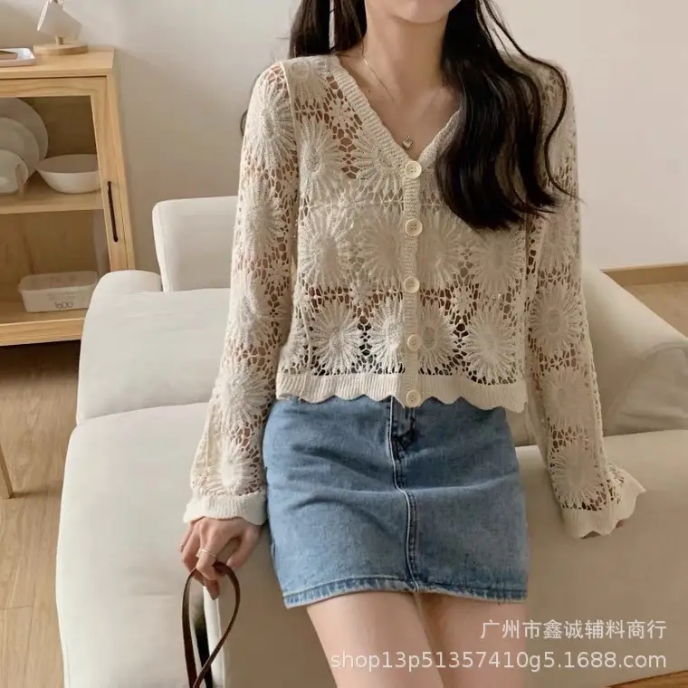 White Lace Long Sleeve Sweater with Denim Shorts - Image 4