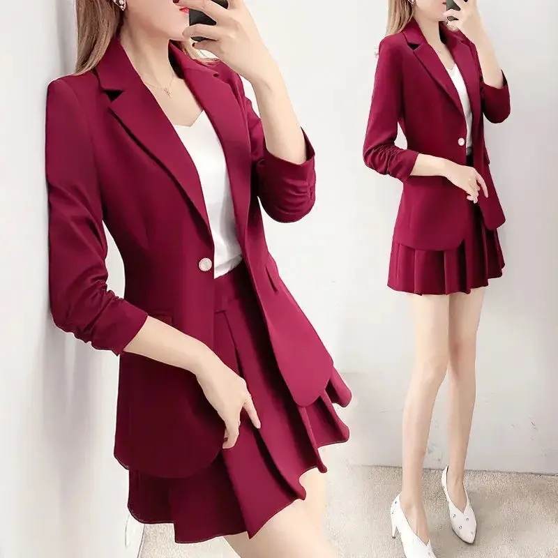Women Red 2-Piece Blazer & Skirt Set Winter - Image 4