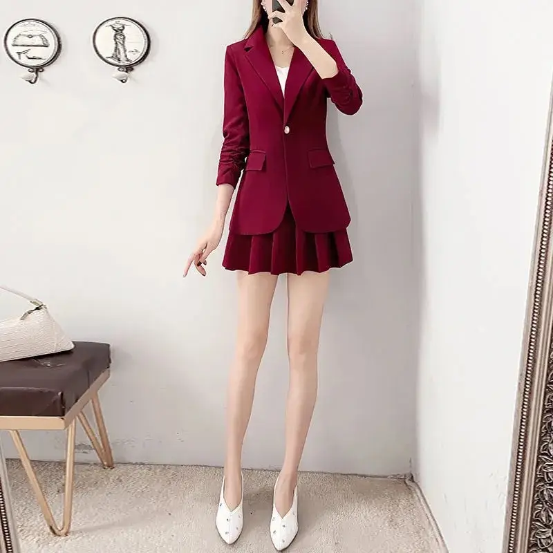 Women Red 2-Piece Blazer & Skirt Set Winter - Image 6