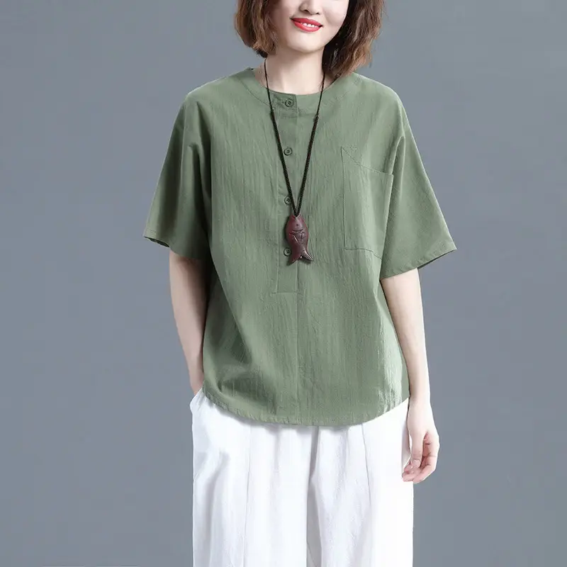 Women Cotton Linen Short Sleeve Green Top - Image 3