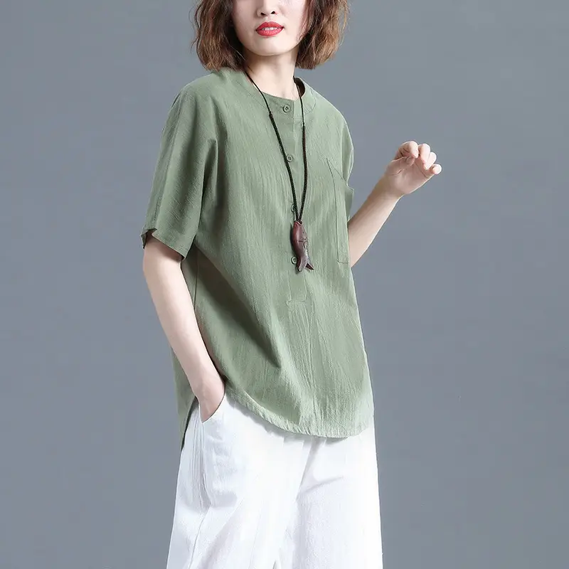 Women Cotton Linen Short Sleeve Green Top - Image 4