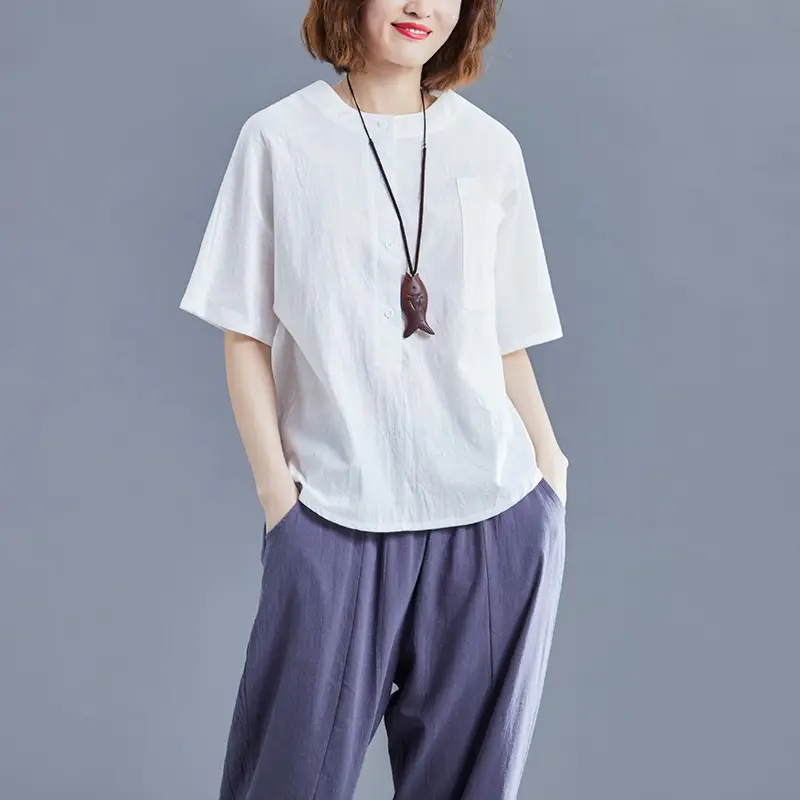 Women Cotton Linen Short Sleeve Green Top - Image 2