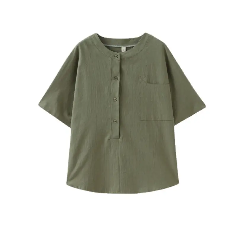Women Cotton Linen Short Sleeve Green Top - Image 5
