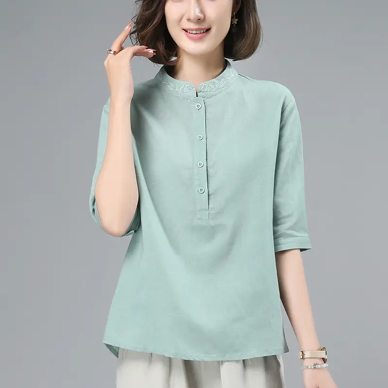 Women Cotton Linen Short Sleeve Shirts Yellow 2025 - Image 2