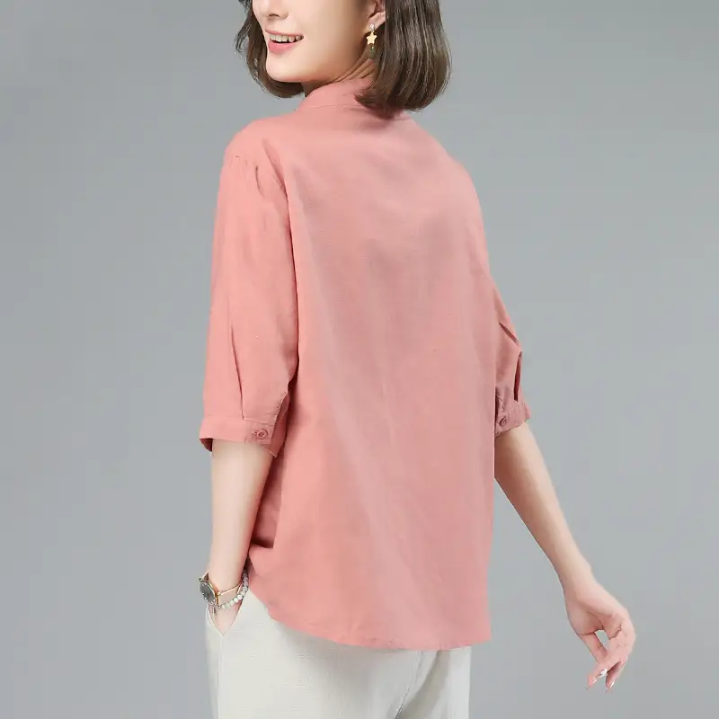 Women Cotton Linen Short Sleeve Shirts Yellow 2025 - Image 4