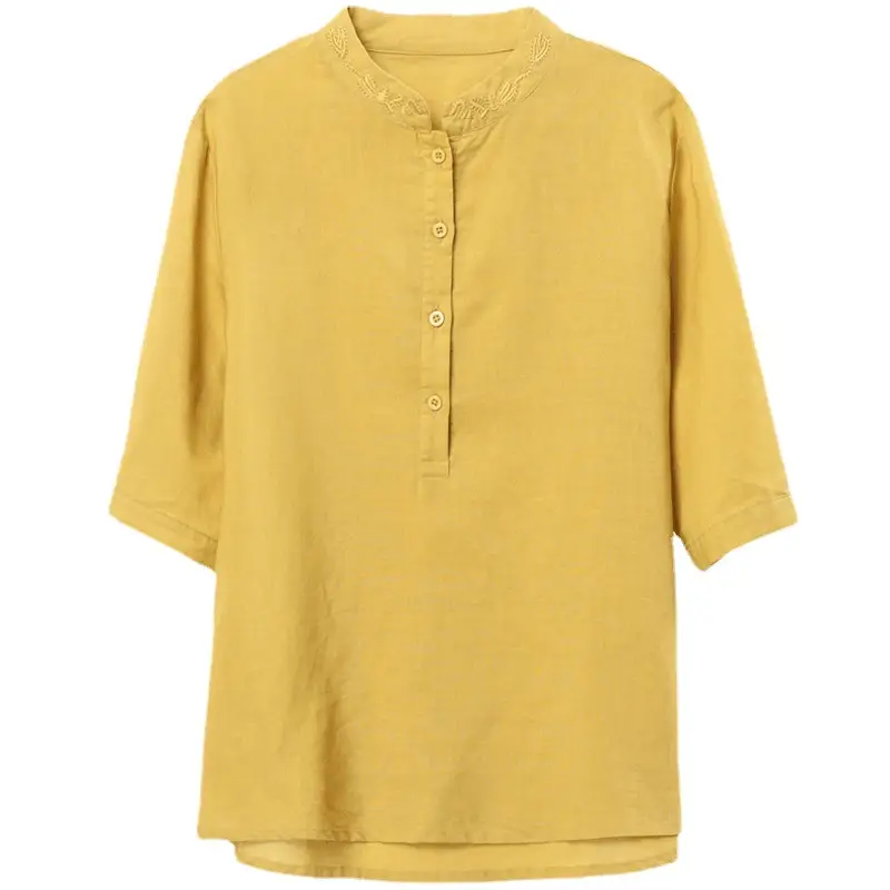 Women Cotton Linen Short Sleeve Shirts Yellow 2025 - Image 5