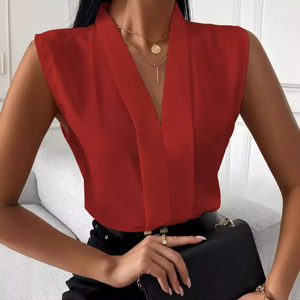 V Neck Chiffon Sleeveless Top Shirt White Black Belt - Image 6