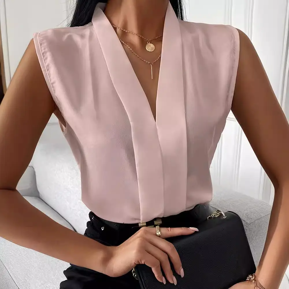 V Neck Chiffon Sleeveless Top Shirt White Black Belt - Image 7