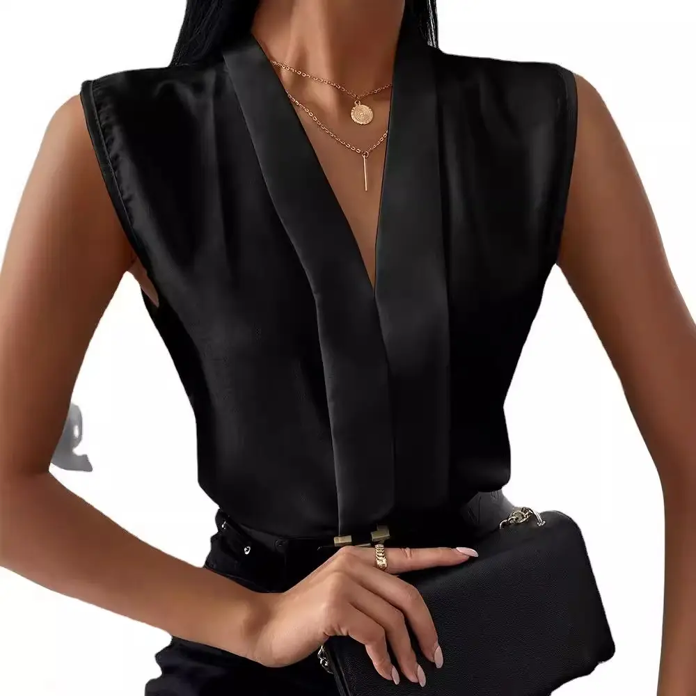 V Neck Chiffon Sleeveless Top Shirt White Black Belt - Image 8