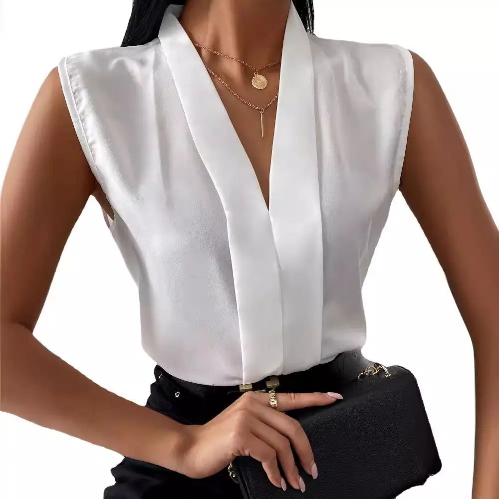 V Neck Chiffon Sleeveless Top Shirt White Black Belt - Image 9