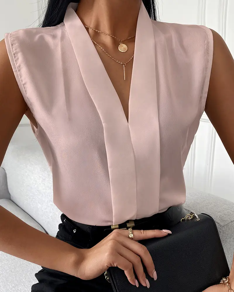 V Neck Chiffon Sleeveless Top Shirt White Black Belt - Image 2