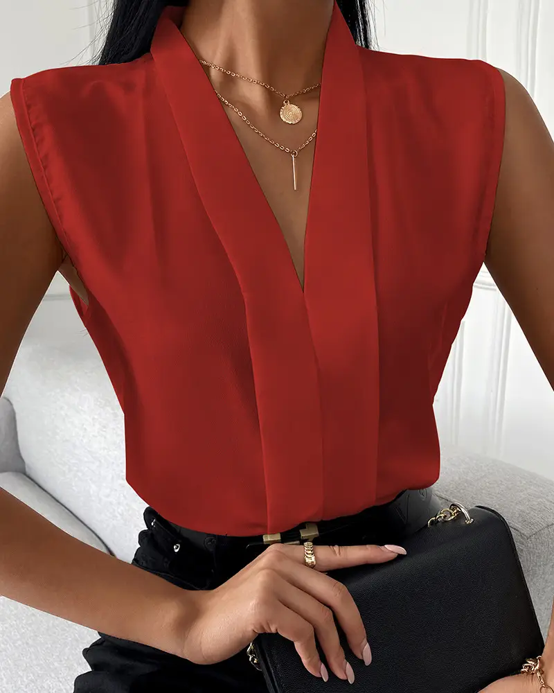 V Neck Chiffon Sleeveless Top Shirt White Black Belt - Image 3