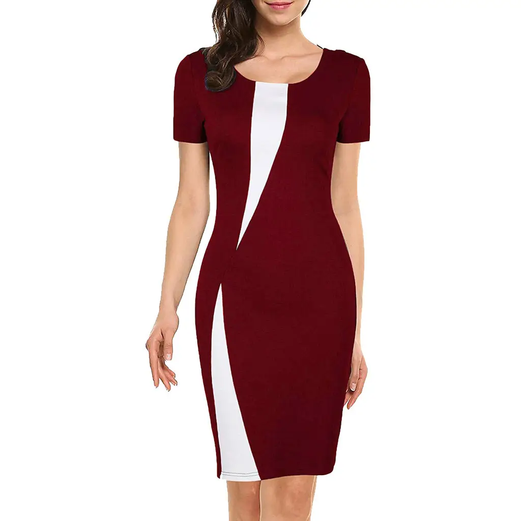 Maroon Stretch Slim Pencil Skirt Dress for Women - Image 10